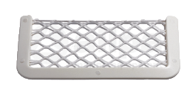 Kunstof opbergvak, wit. Met zwarte elastische net.